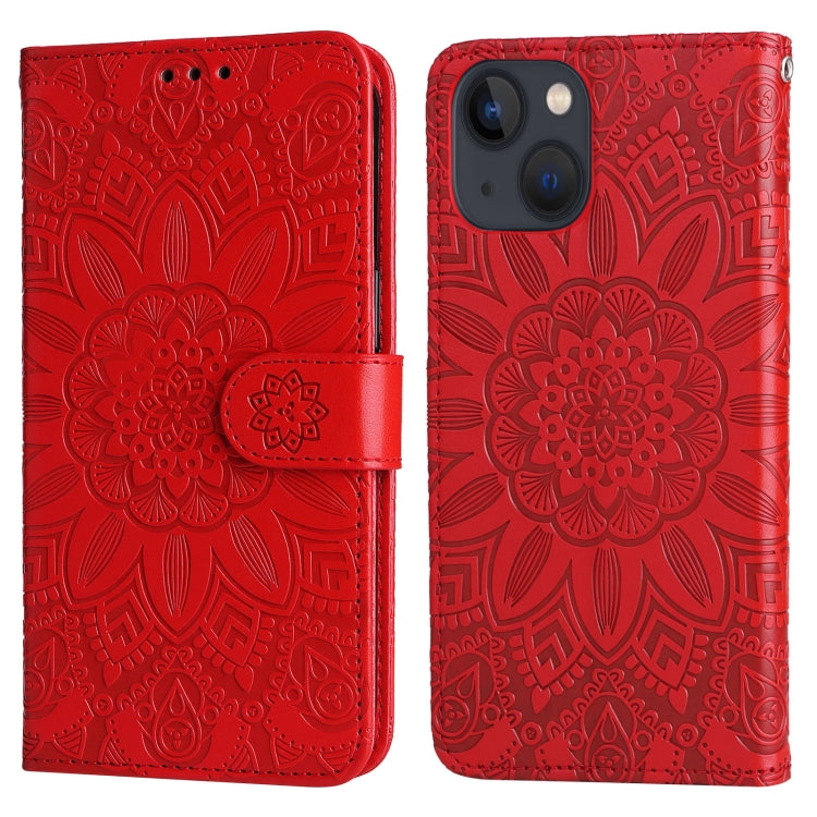 For iPhone 13 mini Embossed Sunflower Leather Phone Case