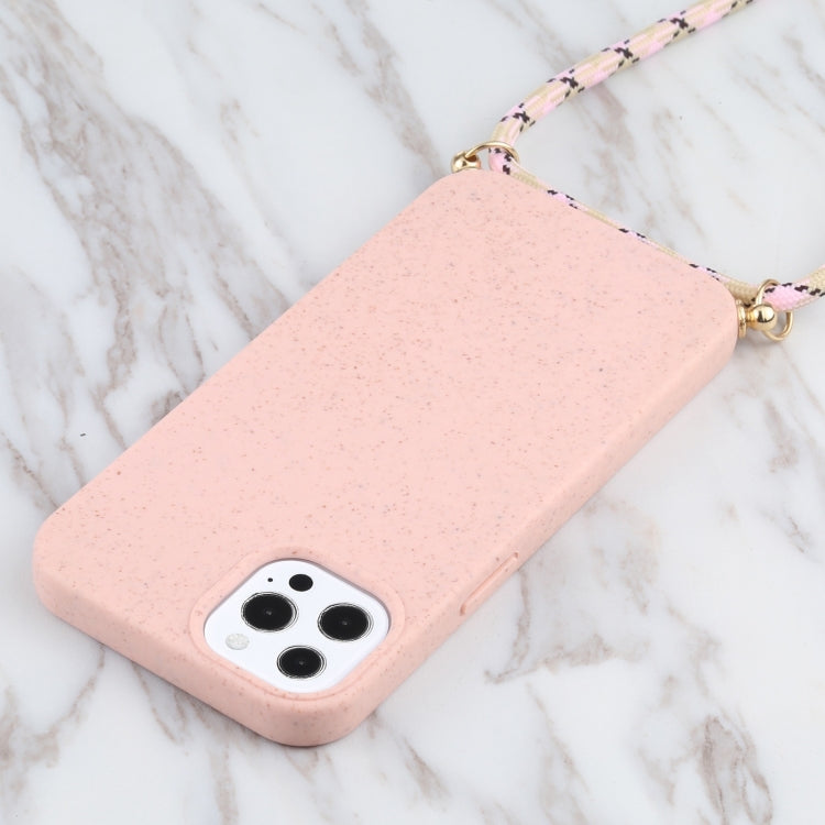 For iPhone 14 Pro Max Wheat Straw Material + TPU Shockproof Phone Case with Neck Lanyard