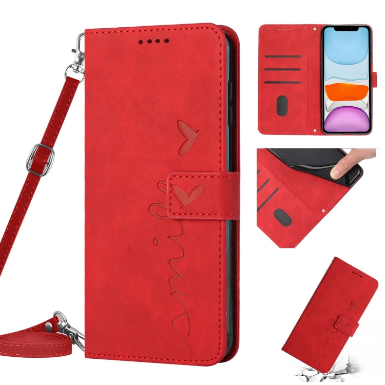 For iPhone 11 Skin Feel Heart Pattern Leather Phone Case With Lanyard