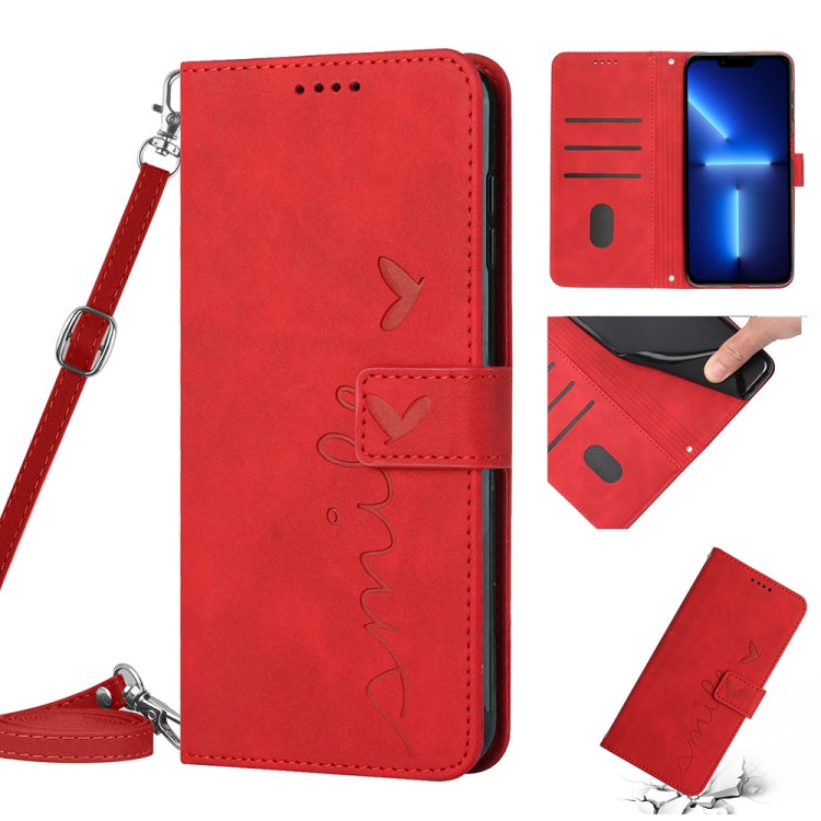 For iPhone 13 Pro Max Skin Feel Heart Pattern Leather Phone Case With Lanyard