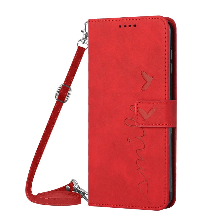 For iPhone XR Skin Feel Heart Pattern Leather Phone Case With Lanyard