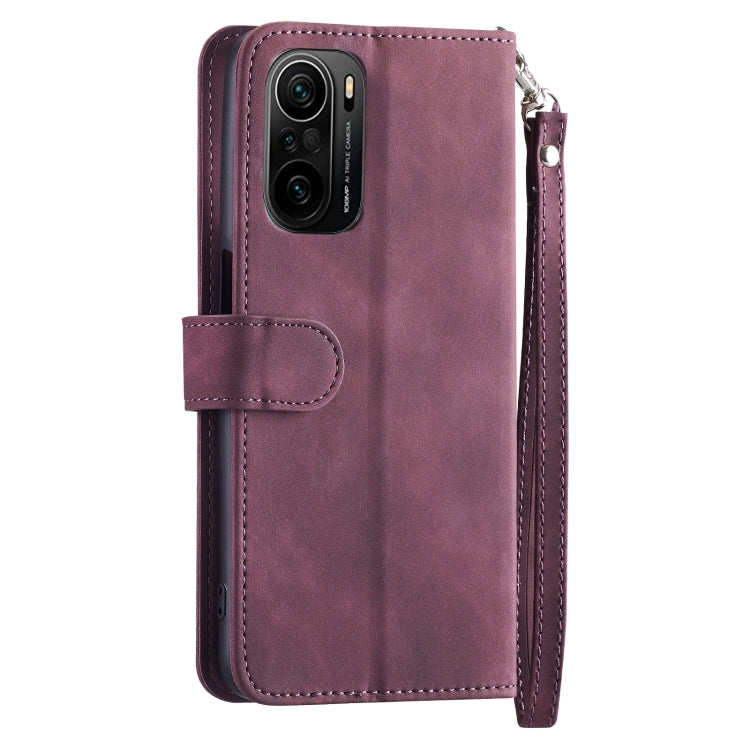 For Xiaomi Poco F3 9 Card Slots Splicing Magnetic Leather Flip Phone Case(Wine Red)