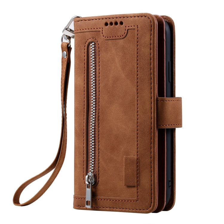 For iPhone 14 9 Card Slots Zipper Bag Leather Case