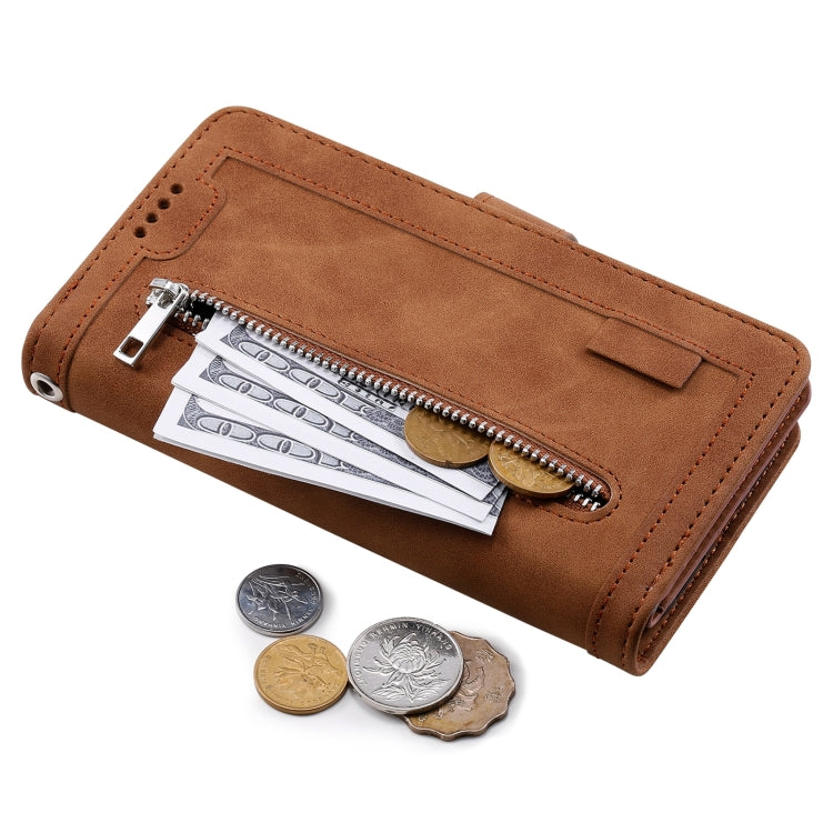 For iPhone 14 9 Card Slots Zipper Bag Leather Case