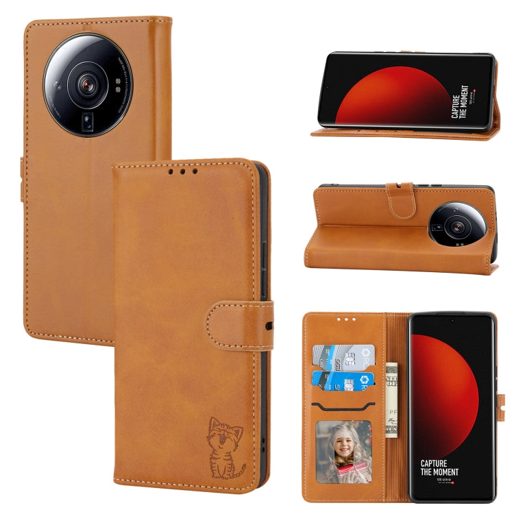 For Xiaomi 12S Ultra Embossed Happy Cat Pattern Flip Leather Phone Case