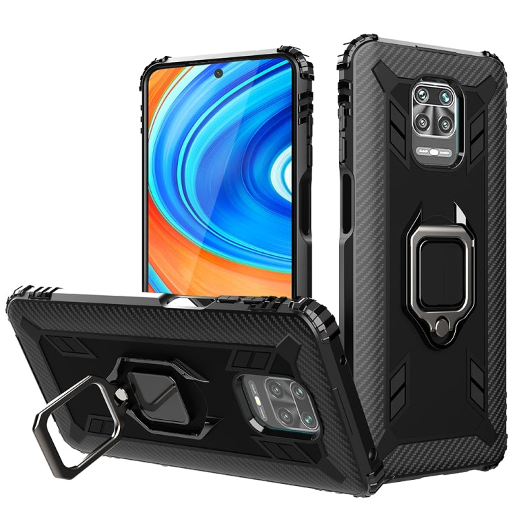 For Xiaomi Redmi Note 9 Pro Max Carbon Fiber Protective Case with 360 Degree Rotating Ring Holder