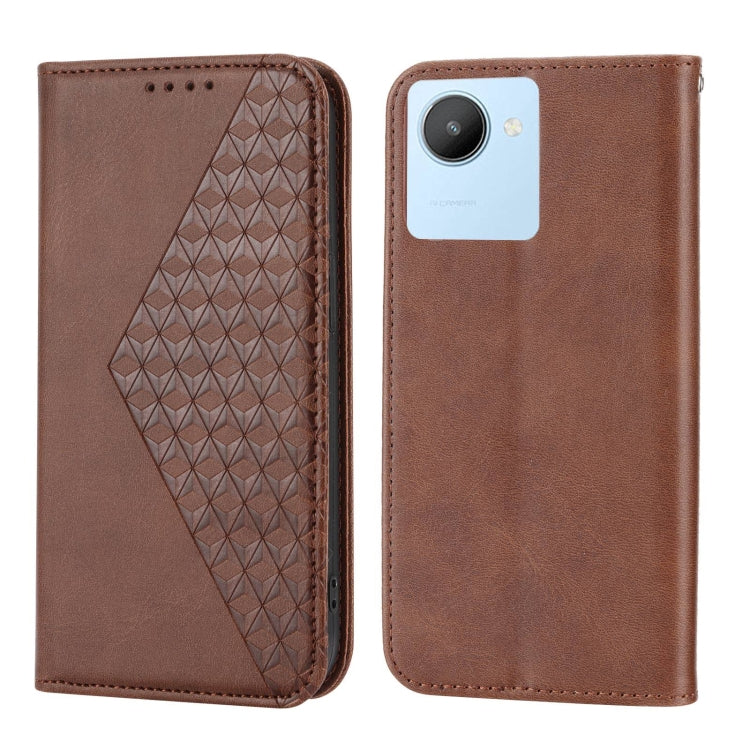 For Realme 9 Pro+ Cubic Grid Calf Texture Magnetic Closure Leather Phone Case