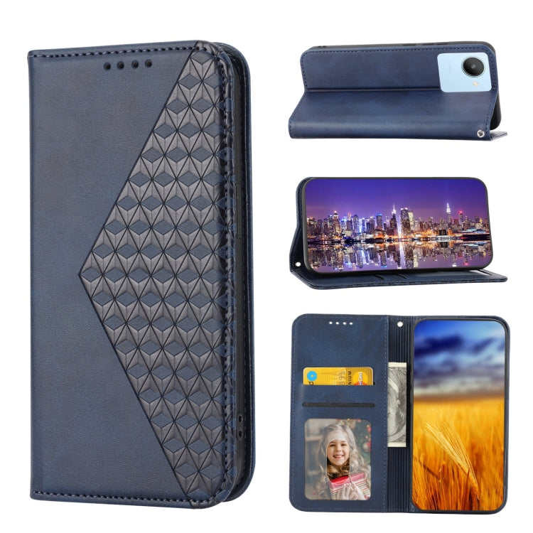 For Realme 9 Pro+ Cubic Grid Calf Texture Magnetic Closure Leather Phone Case