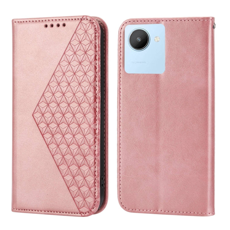 For Realme C35 Cubic Grid Calf Texture Magnetic Closure Leather Phone Case