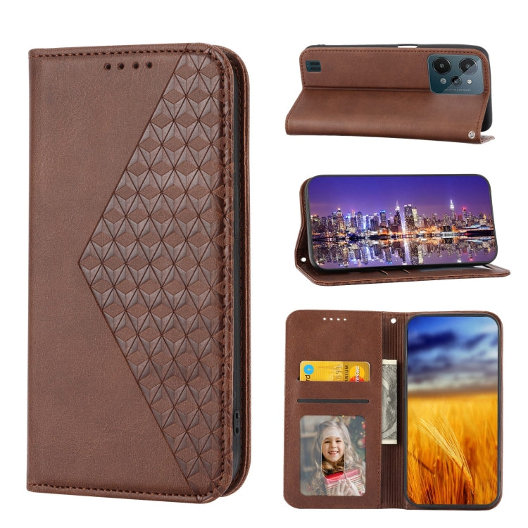 For Realme C31 Cubic Grid Calf Texture Magnetic Closure Leather Phone Case