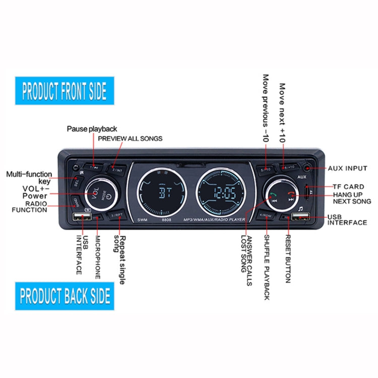8808 Car Stereo Radio MP3 Audio Player Support Bluetooth Hand-free Calling / TF Card / U disk / AUX