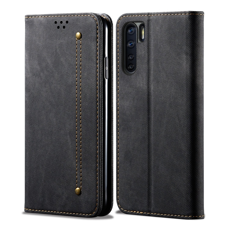 For OPPO A91 / F15 / Reno 3 Denim Texture Casual Style Horizontal Flip Leather Case with Holder & Card Slots & Wallet