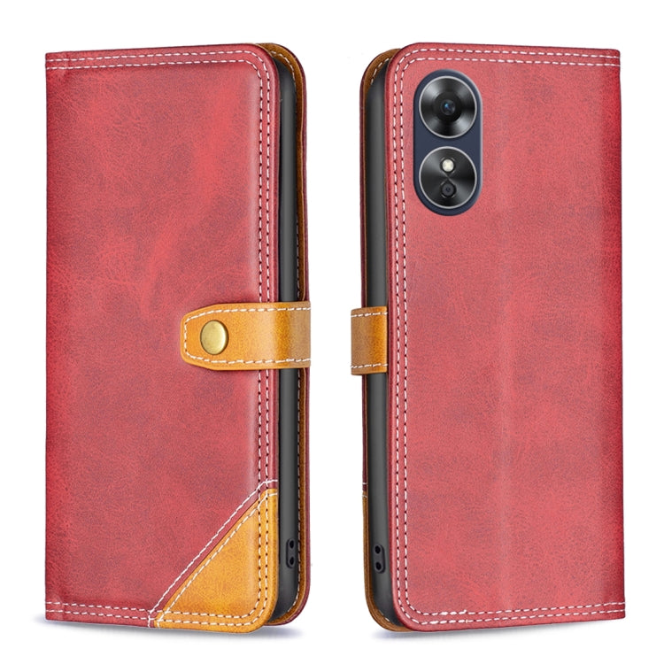 For OPPO A17 Color Matching Double Sewing Thread Leather Phone Case