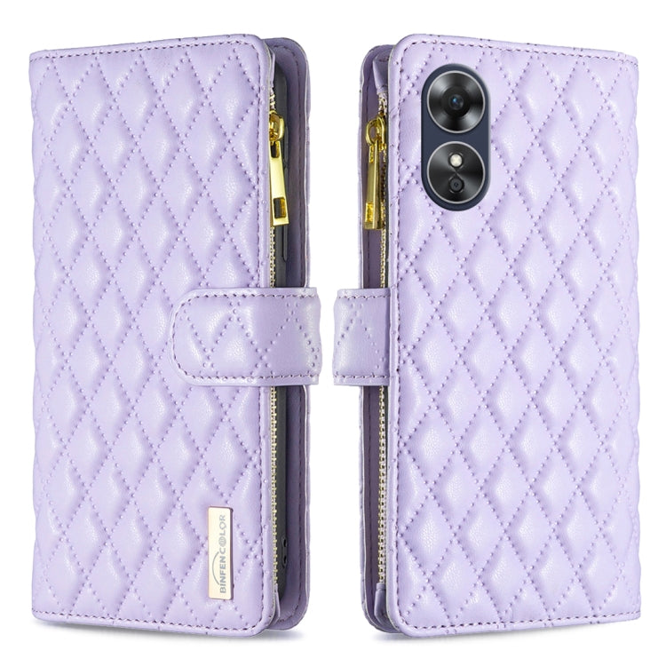 For OPPO A17 Diamond Lattice Zipper Wallet Leather Flip Phone Case