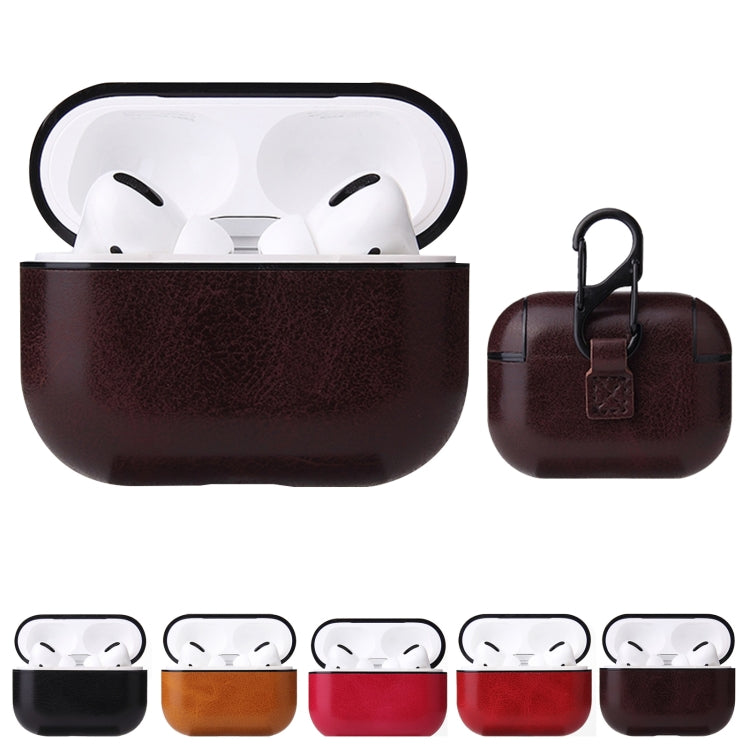For AirPods Pro Anti-fall Crazy Horse Texture PU Leather Protective Case with Carabiner
