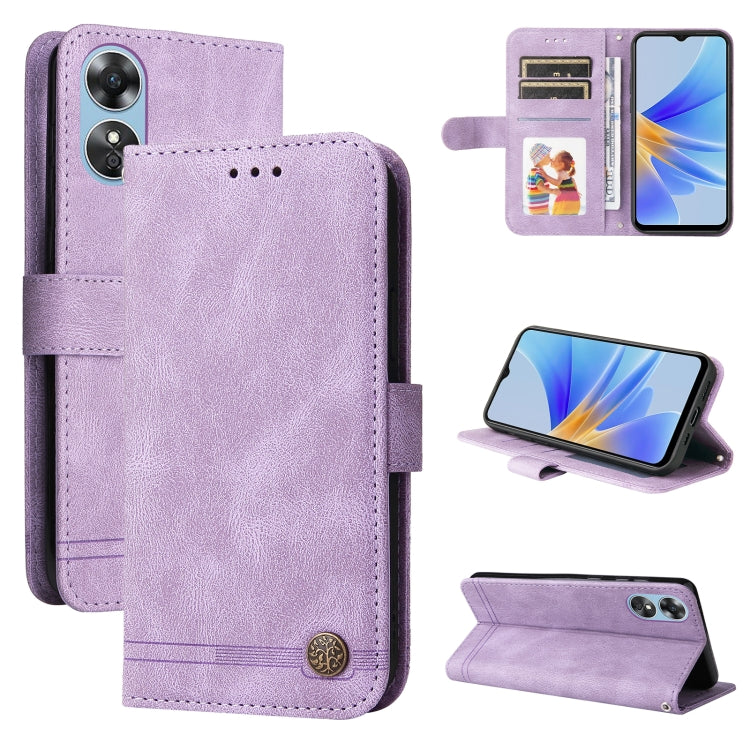 For OPPO A17 Skin Feel Life Tree Metal Button Leather Phone Case