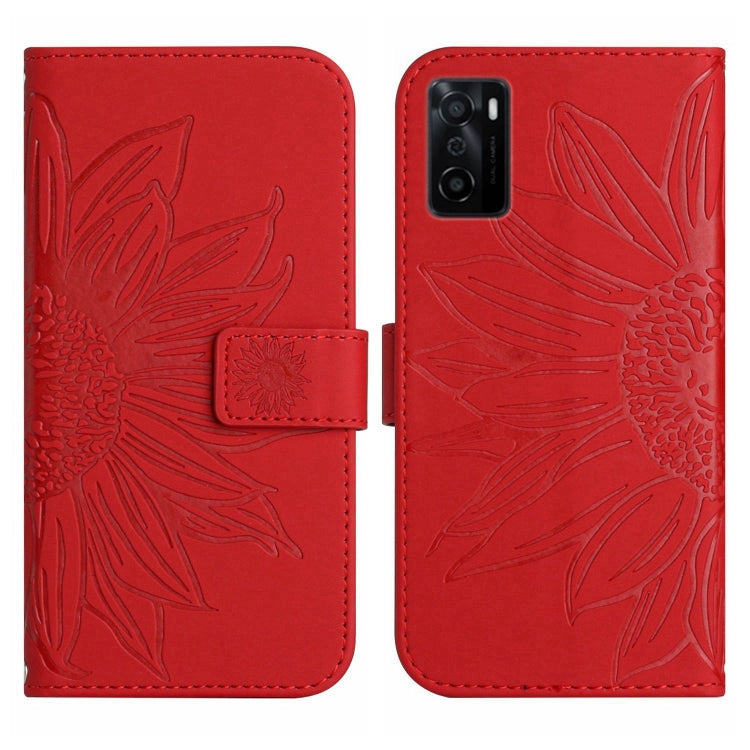 For OPPO A55S Japan Edition Skin Feel Sun Flower Pattern Flip Leather Phone Case with Lanyard
