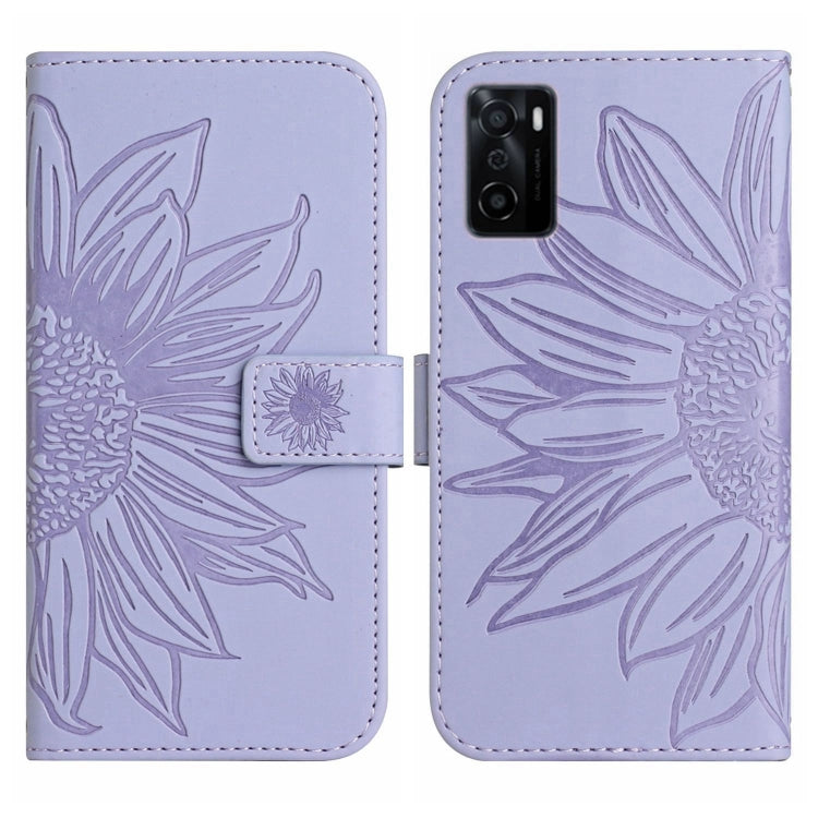 For OPPO A55S Japan Edition Skin Feel Sun Flower Pattern Flip Leather Phone Case with Lanyard