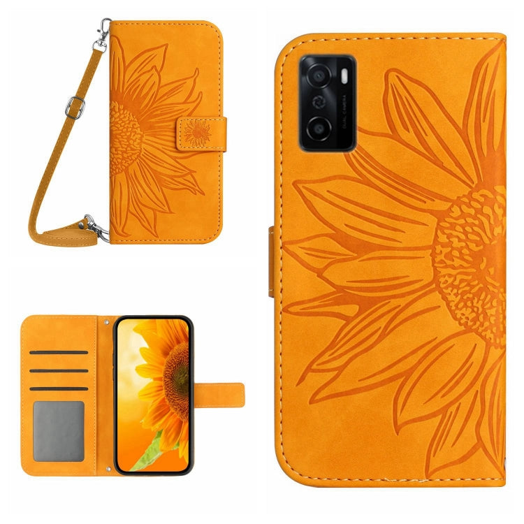 For OPPO A55S Japan Edition Skin Feel Sun Flower Pattern Flip Leather Phone Case with Lanyard