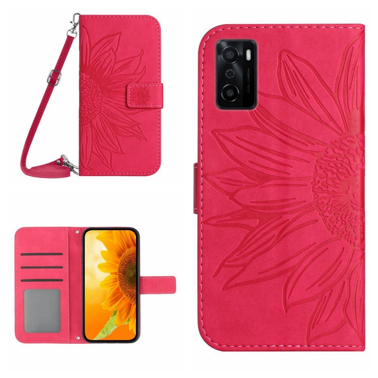 For OPPO A55S Japan Edition Skin Feel Sun Flower Pattern Flip Leather Phone Case with Lanyard