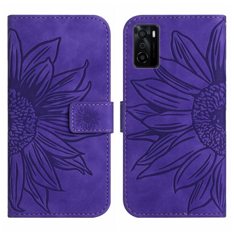 For OPPO A55S Japan Edition Skin Feel Sun Flower Pattern Flip Leather Phone Case with Lanyard