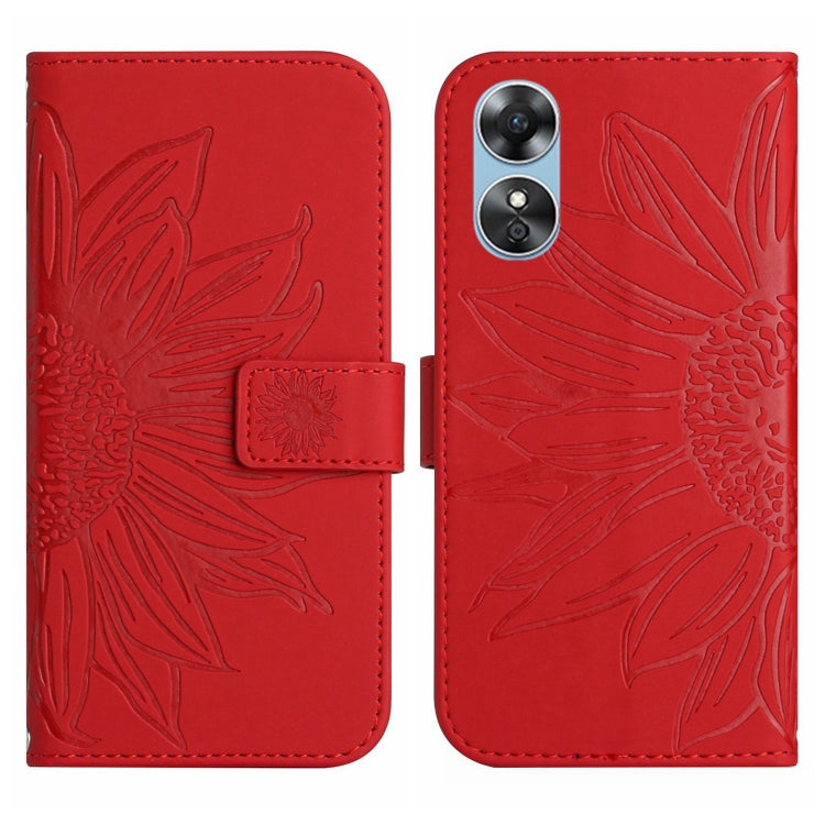 For OPPO A17 Skin Feel Sun Flower Pattern Flip Leather Phone Case with Lanyard