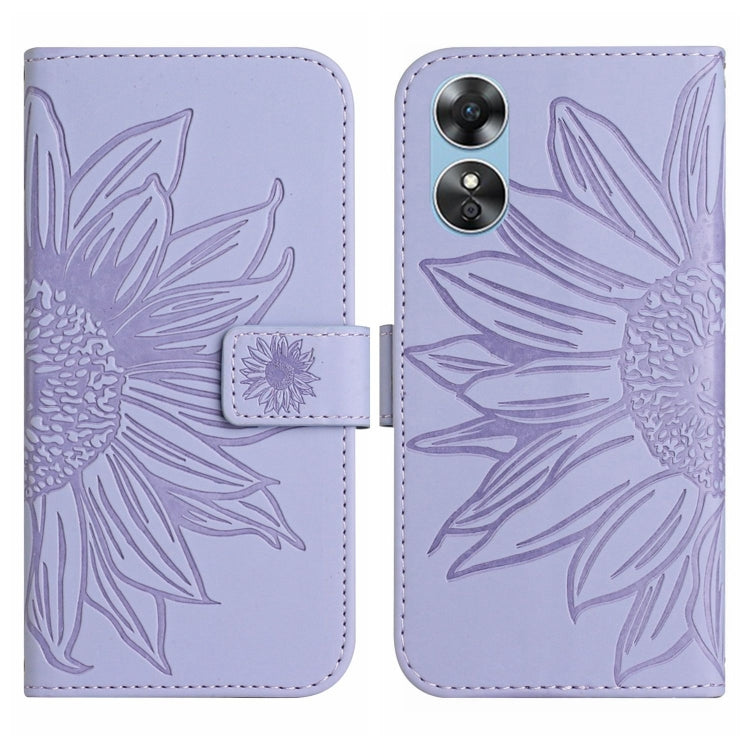 For OPPO A17 Skin Feel Sun Flower Pattern Flip Leather Phone Case with Lanyard