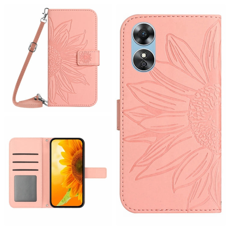 For OPPO A17 Skin Feel Sun Flower Pattern Flip Leather Phone Case with Lanyard
