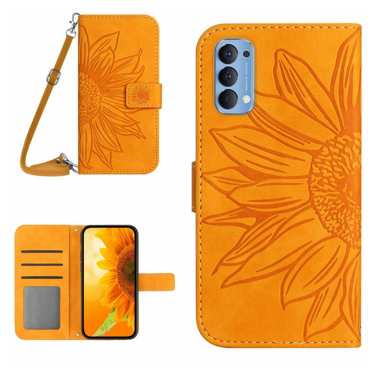 For OPPO Reno4 5G Skin Feel Sun Flower Pattern Flip Leather Phone Case with Lanyard