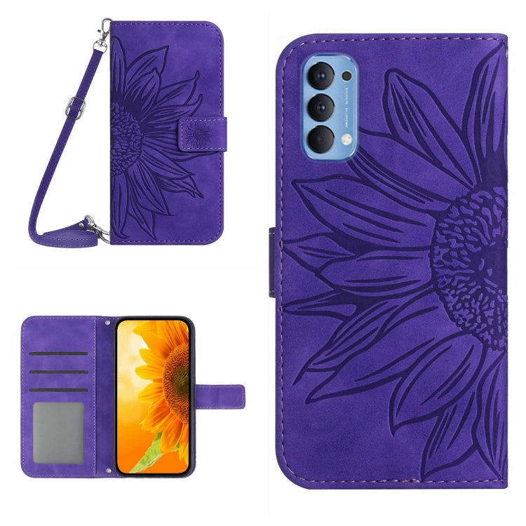 For OPPO Reno4 5G Skin Feel Sun Flower Pattern Flip Leather Phone Case with Lanyard
