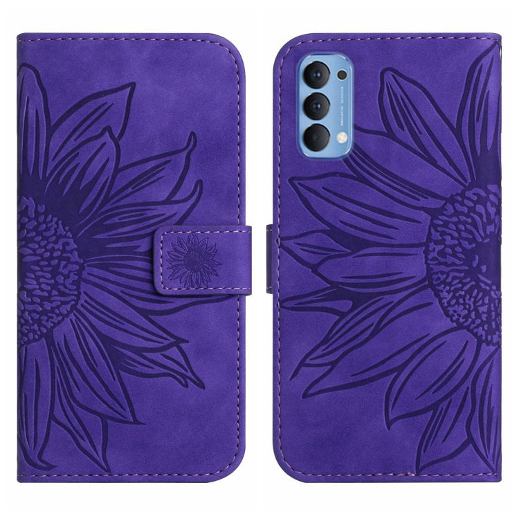 For OPPO Reno4 5G Skin Feel Sun Flower Pattern Flip Leather Phone Case with Lanyard