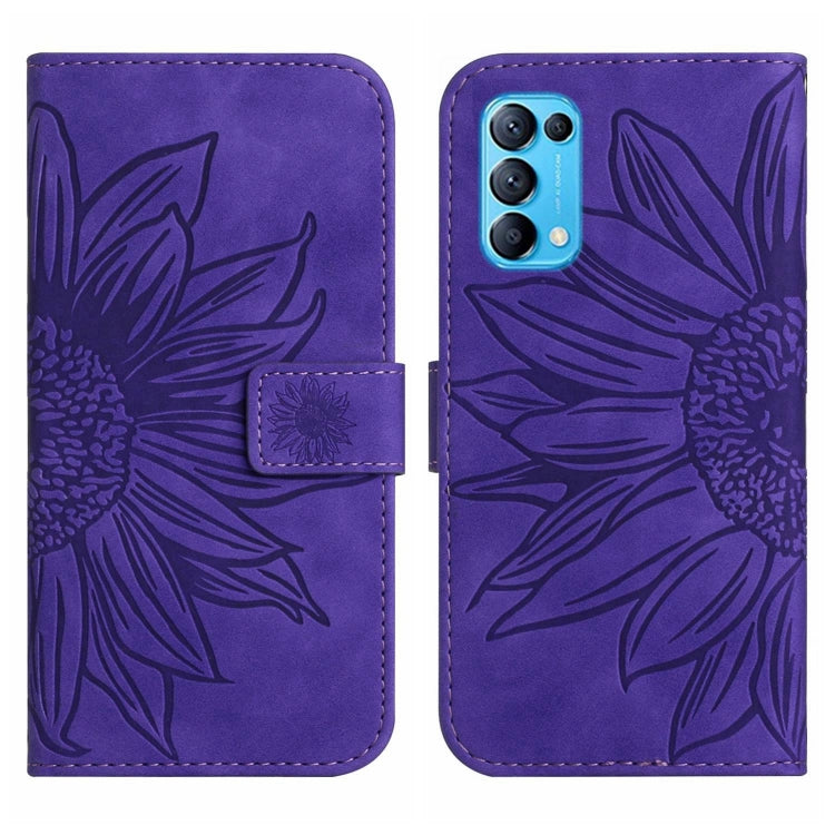 For OPPO Reno5 4G Skin Feel Sun Flower Pattern Flip Leather Phone Case with Lanyard