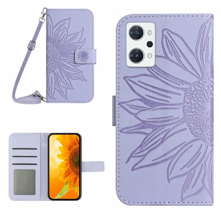 For OPPO Reno7 A Japan Edition Skin Feel Sun Flower Pattern Flip Leather Phone Case with Lanyard
