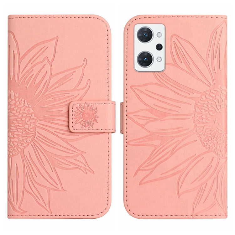 For OPPO Reno7 A Japan Edition Skin Feel Sun Flower Pattern Flip Leather Phone Case with Lanyard
