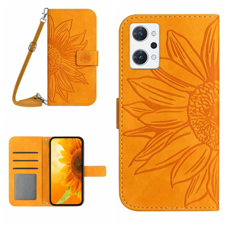 For OPPO Reno7 A Japan Edition Skin Feel Sun Flower Pattern Flip Leather Phone Case with Lanyard