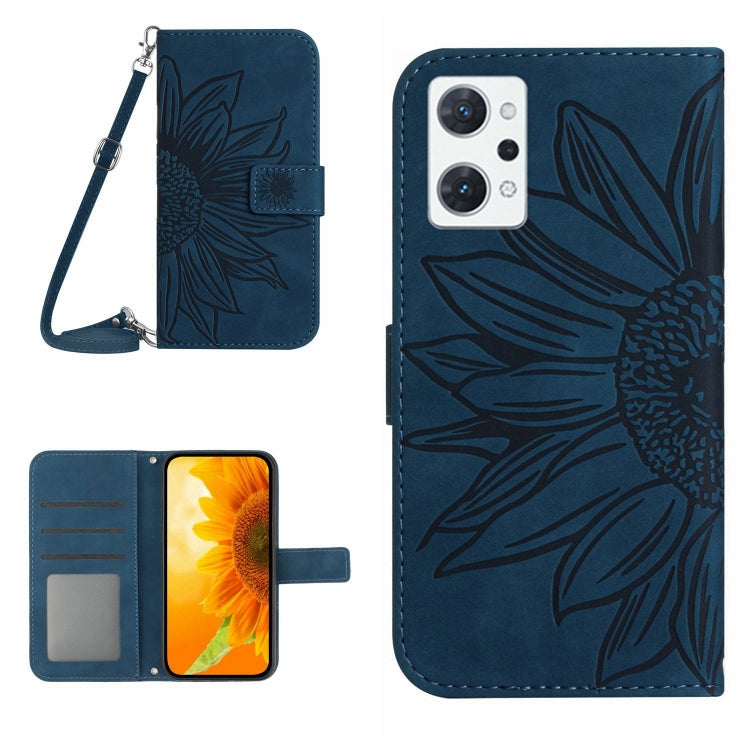 For OPPO Reno7 A Japan Edition Skin Feel Sun Flower Pattern Flip Leather Phone Case with Lanyard