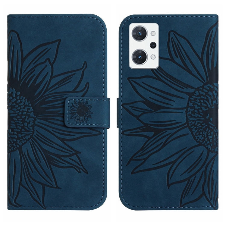 For OPPO Reno7 A Japan Edition Skin Feel Sun Flower Pattern Flip Leather Phone Case with Lanyard