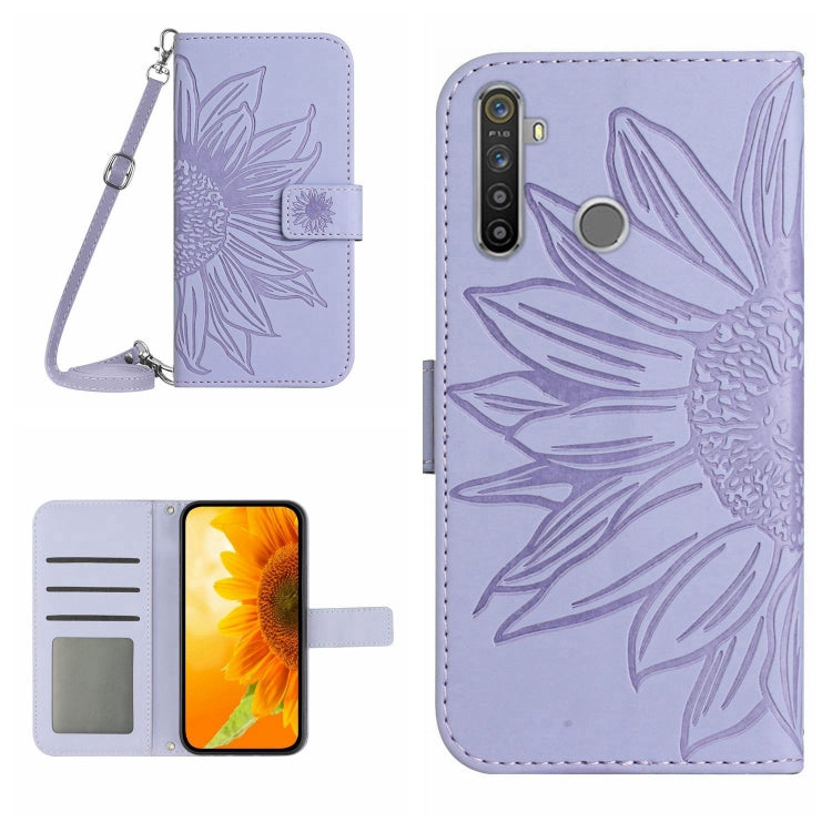 For Realme 5 Skin Feel Sun Flower Pattern Flip Leather Phone Case with Lanyard