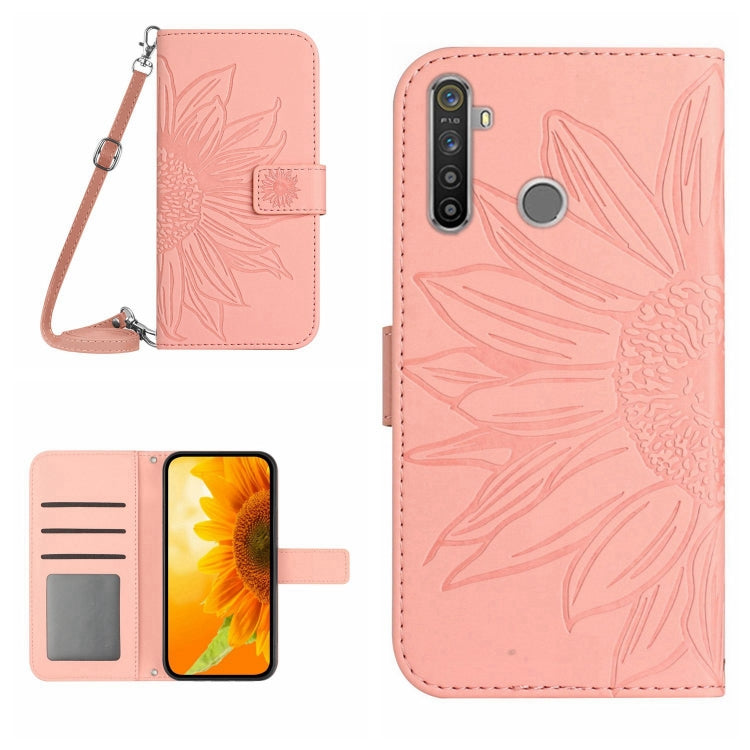 For Realme 5 Skin Feel Sun Flower Pattern Flip Leather Phone Case with Lanyard