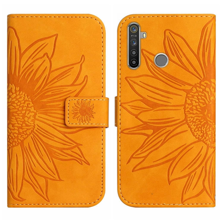 For Realme 5 Skin Feel Sun Flower Pattern Flip Leather Phone Case with Lanyard