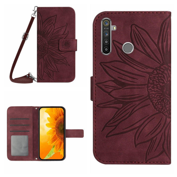 For Realme 5 Pro Skin Feel Sun Flower Pattern Flip Leather Phone Case with Lanyard
