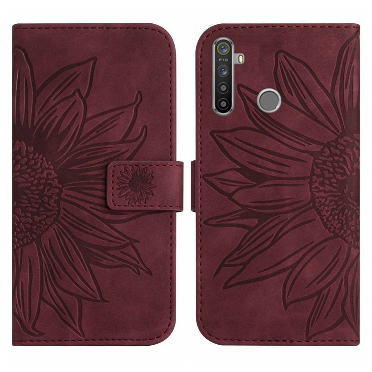For Realme 5 Pro Skin Feel Sun Flower Pattern Flip Leather Phone Case with Lanyard