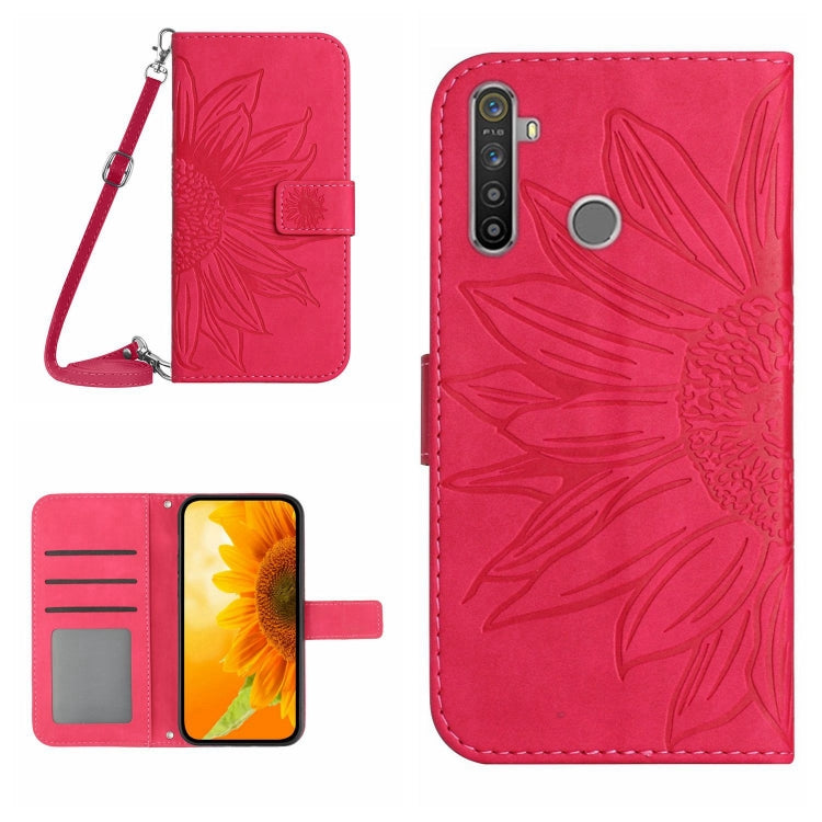 For Realme 5 Pro Skin Feel Sun Flower Pattern Flip Leather Phone Case with Lanyard