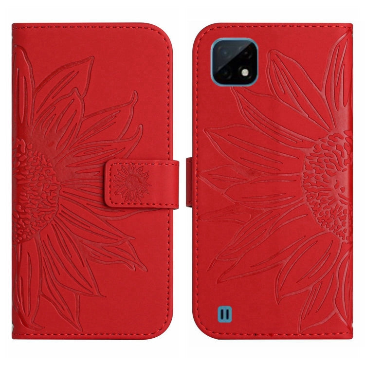 For Realme C11 Skin Feel Sun Flower Pattern Flip Leather Phone Case with Lanyard