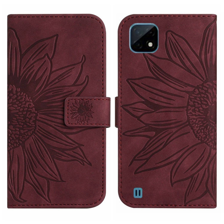 For Realme C11 Skin Feel Sun Flower Pattern Flip Leather Phone Case with Lanyard