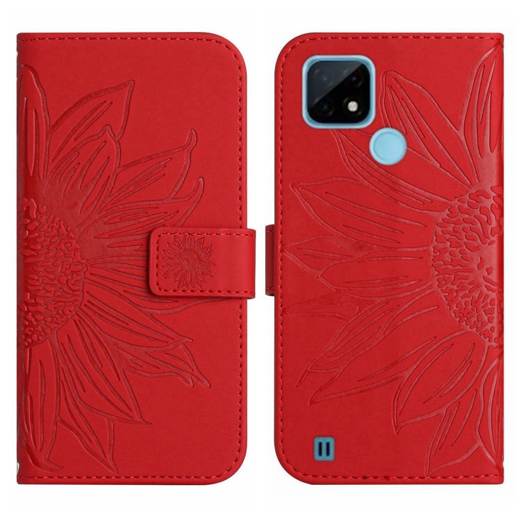 For Realme C20/C21 Skin Feel Sun Flower Pattern Flip Leather Phone Case with Lanyard