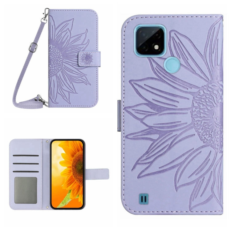 For Realme C20/C21 Skin Feel Sun Flower Pattern Flip Leather Phone Case with Lanyard
