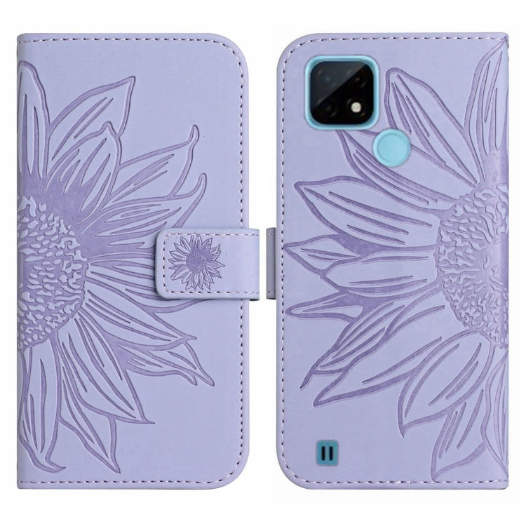For Realme C20/C21 Skin Feel Sun Flower Pattern Flip Leather Phone Case with Lanyard
