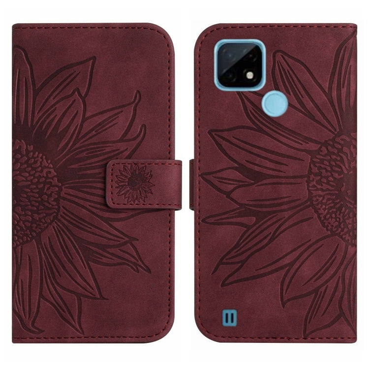 For Realme C20/C21 Skin Feel Sun Flower Pattern Flip Leather Phone Case with Lanyard