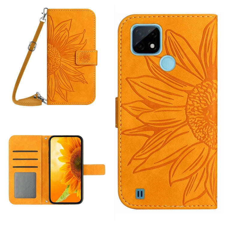 For Realme C20/C21 Skin Feel Sun Flower Pattern Flip Leather Phone Case with Lanyard